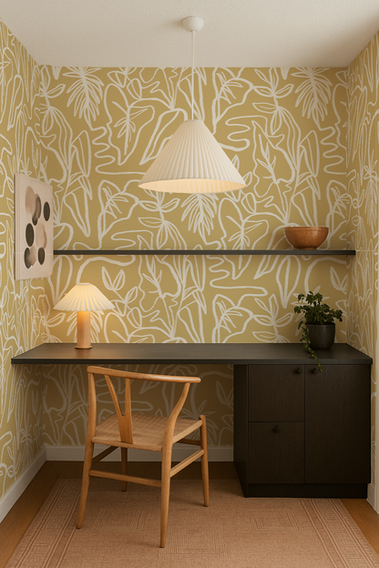 Inked Foliage Wallpaper - Butter Yellow & White