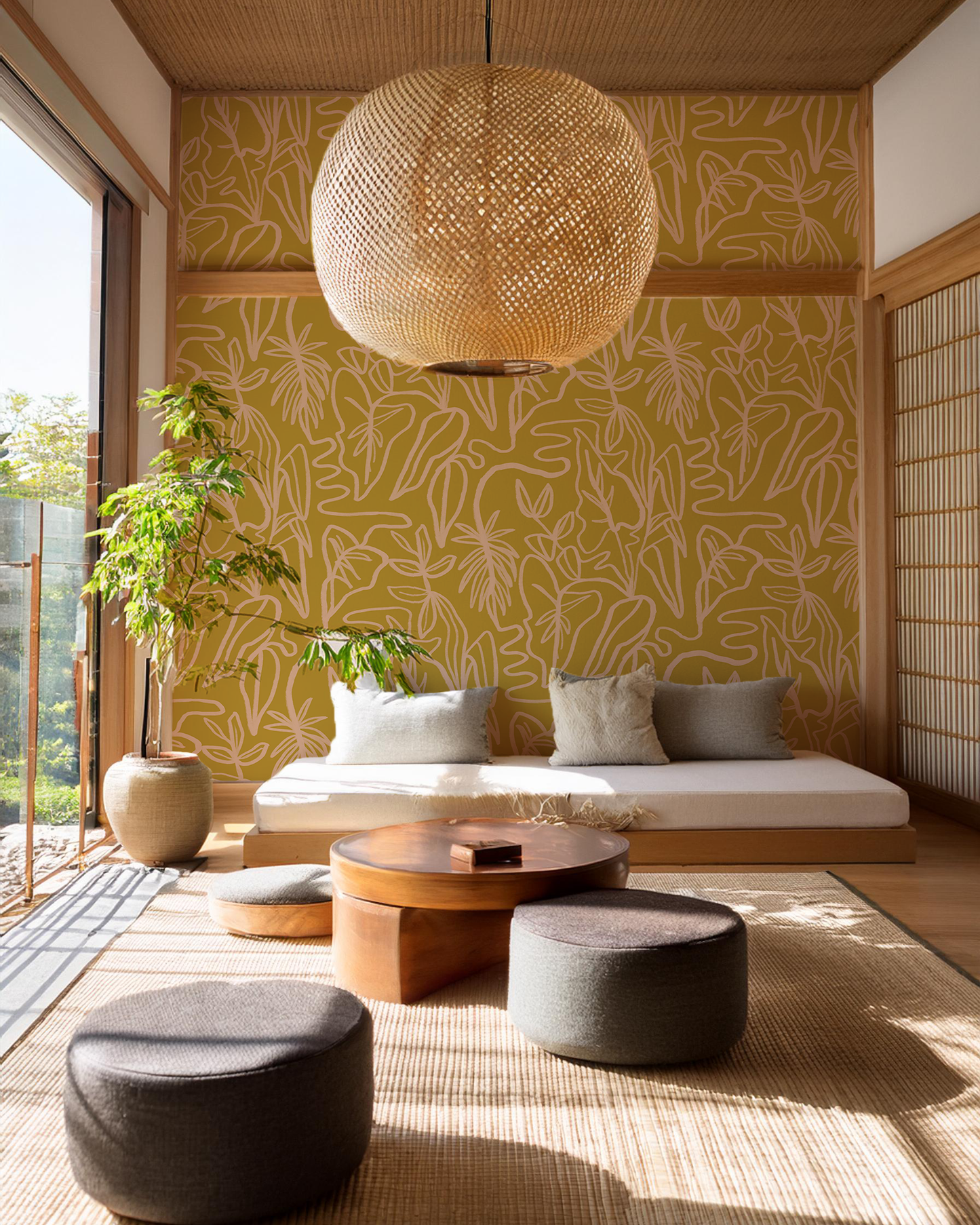 Inked Foliage Wallpaper - Mustard & Peach