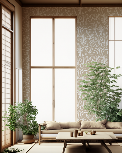 Inked Foliage Wallpaper, tan and white