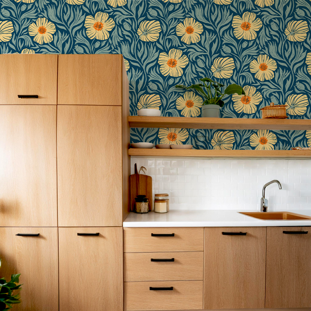 Matilija Wallpaper, navy, orange & mint