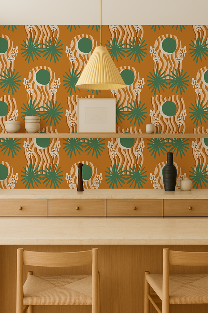 Yucca Moon Wallpaper, orange and green