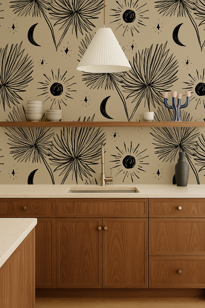 Night Palm Wallpaper, tan and black