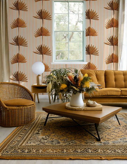 Stripey Palm Wallpaper, neutral peach and mustard