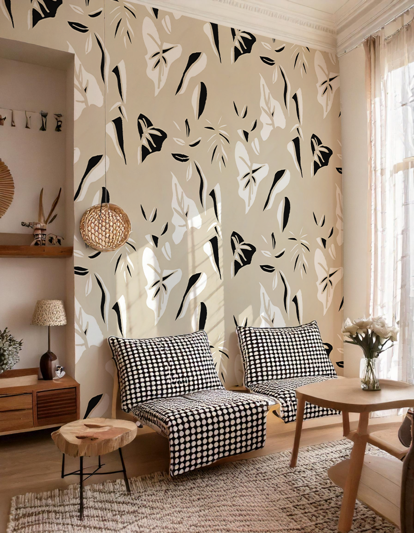 Block Print Foliage Wallpaper, tan and black