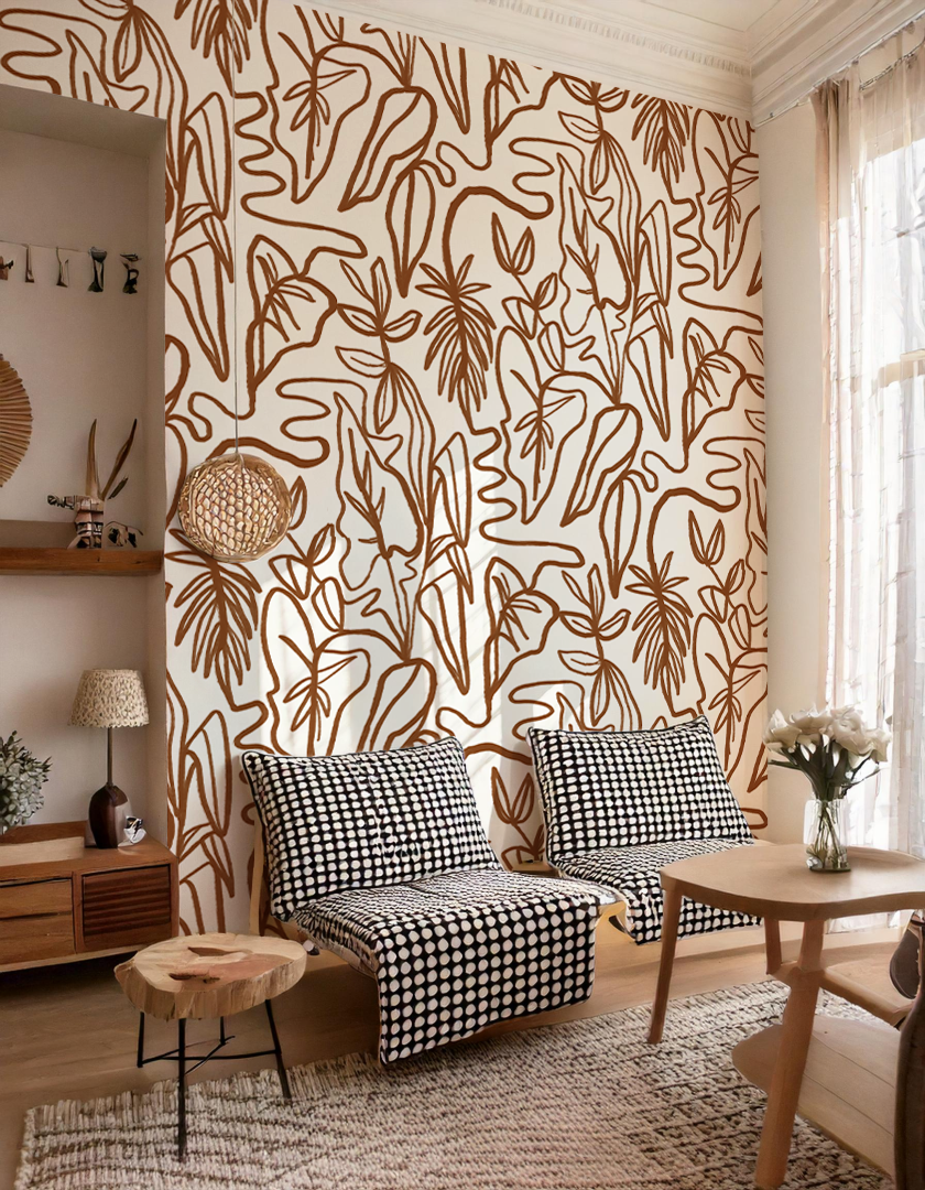 Inked Foliage Wallpaper, white and rust
