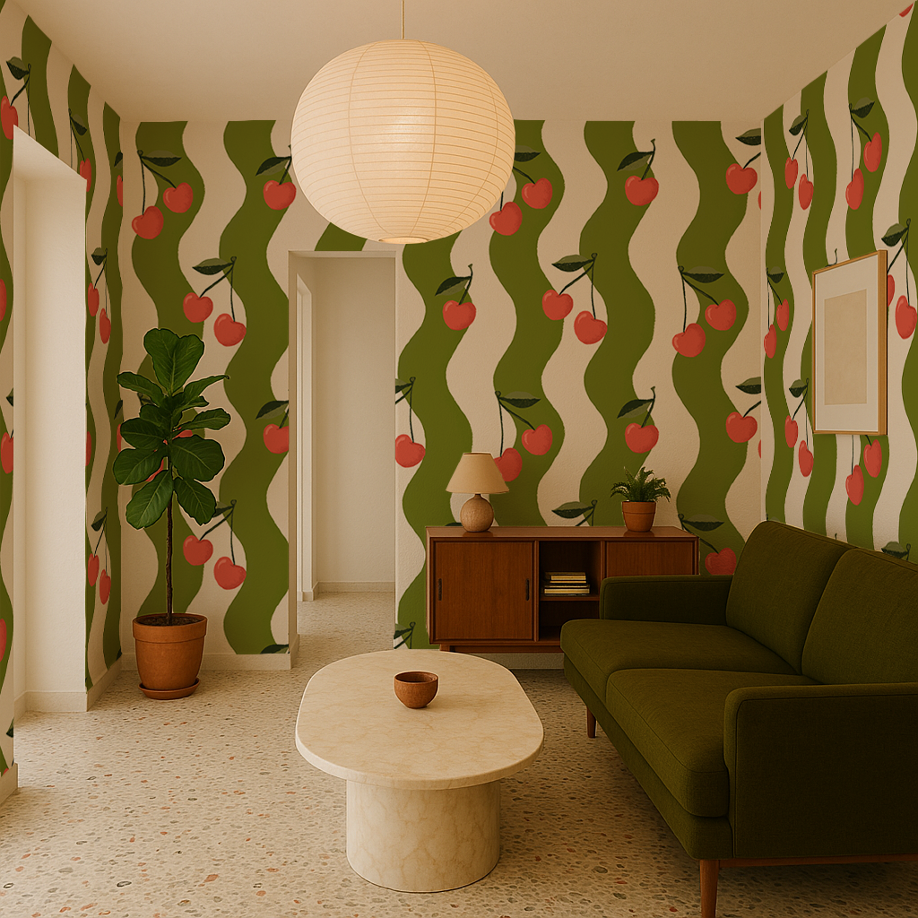 Wavy Cherry Wallpaper, white and green