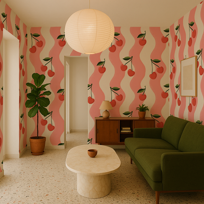 Wavy Cherry Wallpaper - White & Pink
