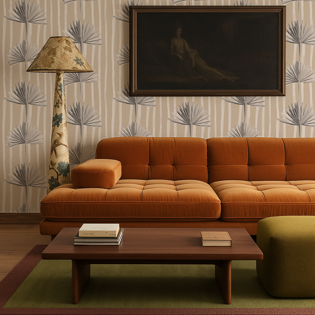 Stripey Palm Wallpaper, neutral and white