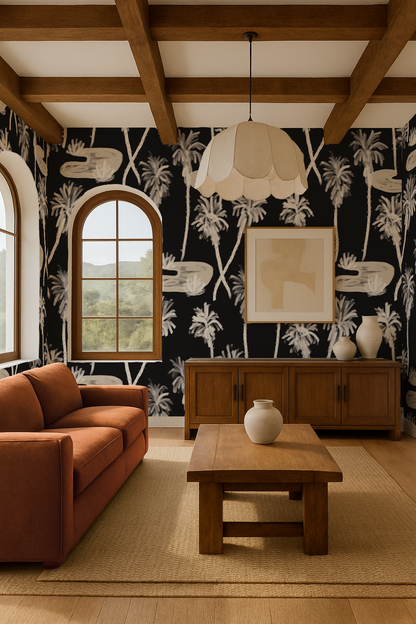 Palm Oasis Wallpaper, black and off-white