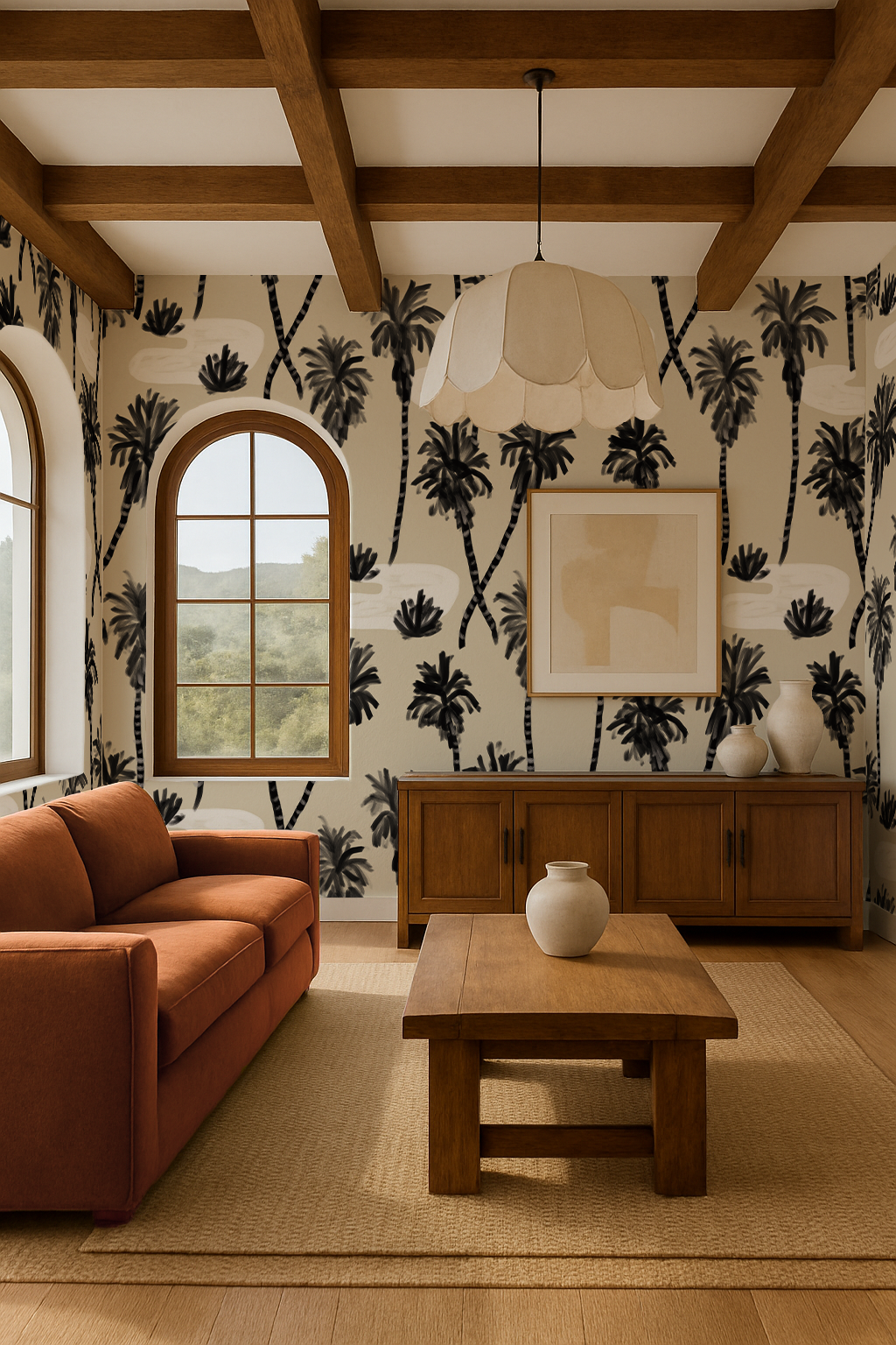 Palm Oasis Wallpaper, neutral and black