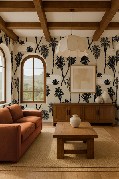 Palm Oasis Wallpaper, neutral and black