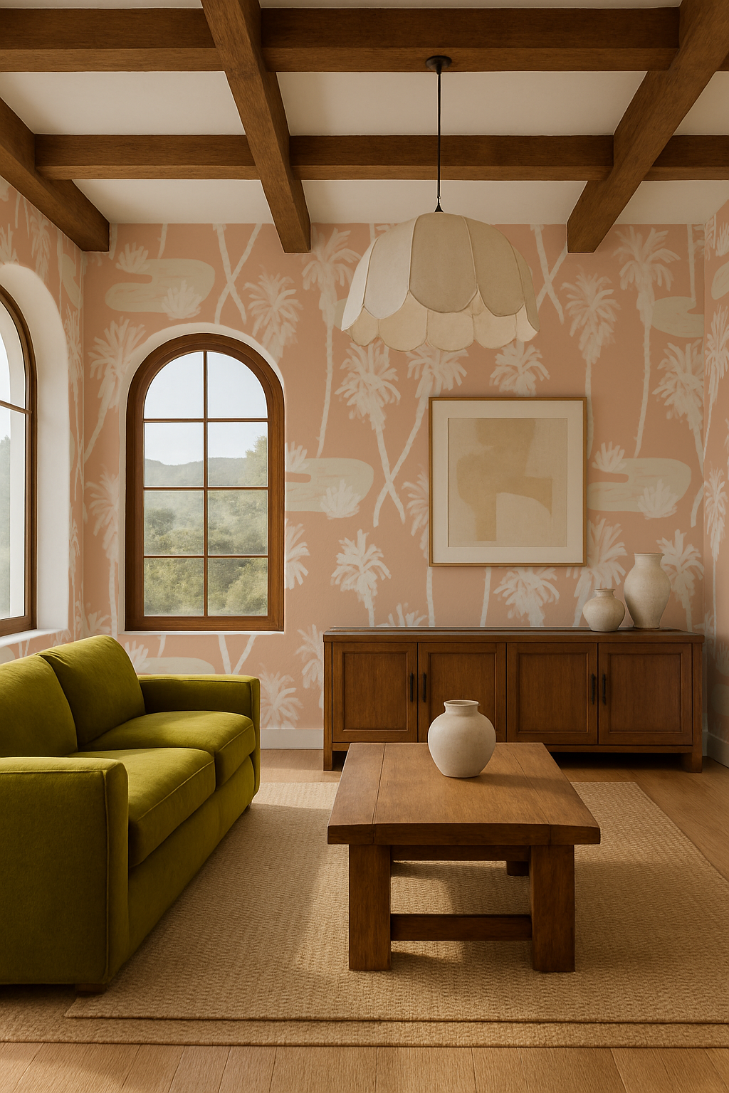 Palm Oasis Wallpaper - Peach & White