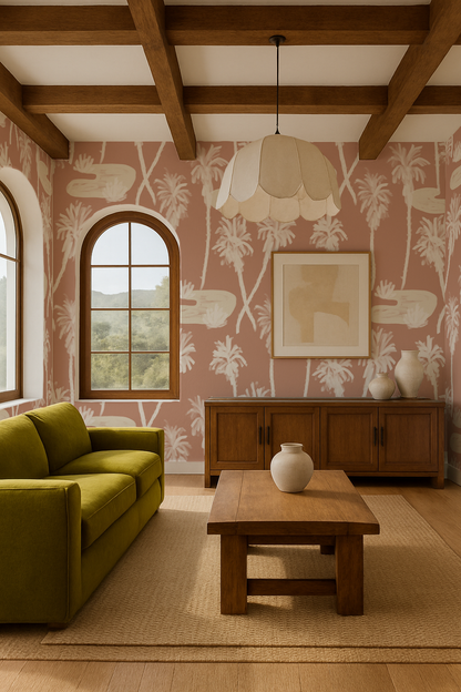 Palm Oasis Wallpaper - Terra Cotta & White