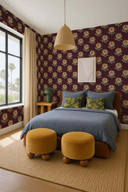 King Protea Wallpaper, dark plum and butter yellow