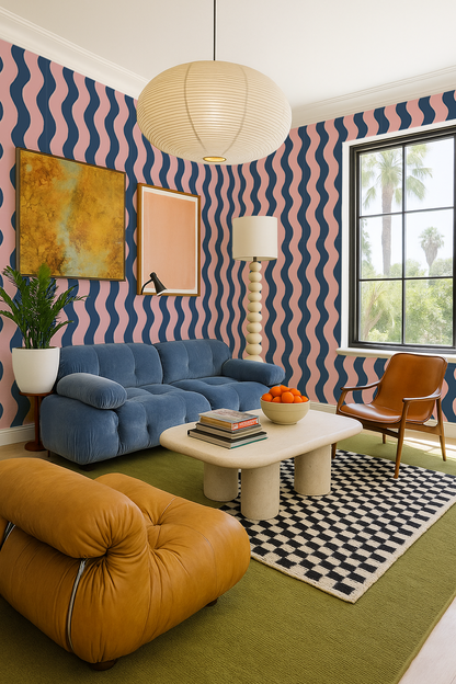 Ziggy Stripe Wallpaper, blue and pink