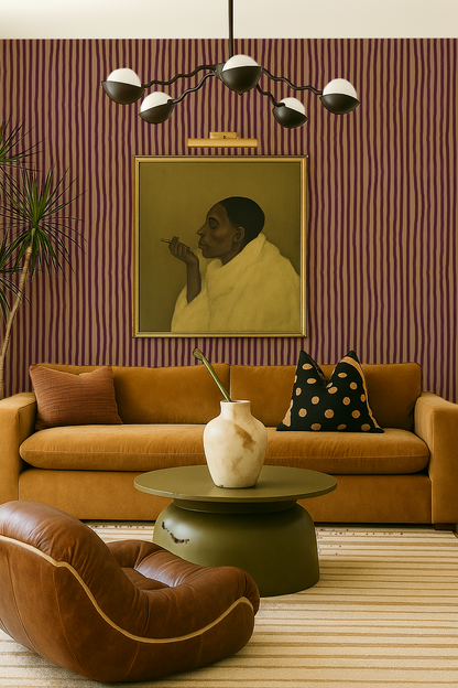 Dolce Stripe Wallpaper, peach and eggplant
