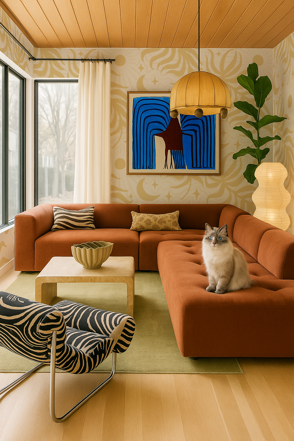 Lunar Leaf Wallpaper, beige and lemon