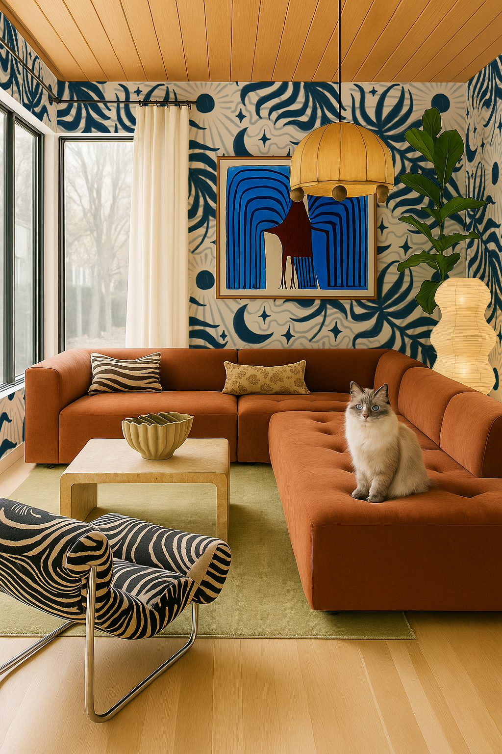 Lunar Leaf Wallpaper, beige and navy