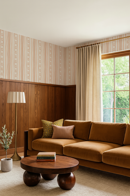 Daisy Chain Stripe Wallpaper, beige and peach
