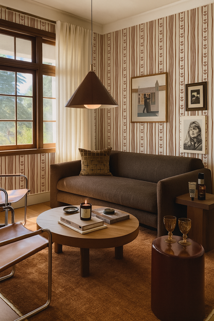 Daisy Chain Stripe Wallpaper, beige and brown