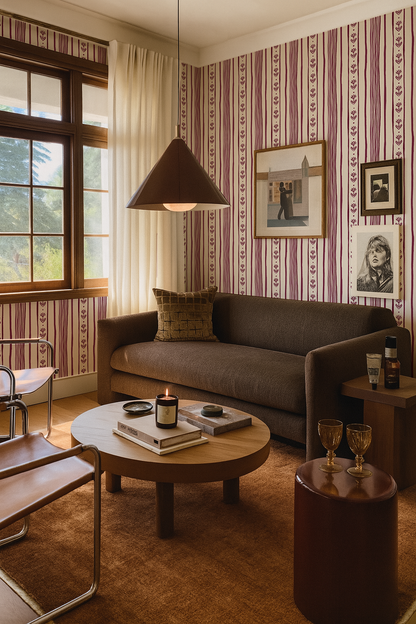 Daisy Chain Stripe Wallpaper, beige and eggplant purple