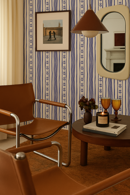 Daisy Chain Stripe Wallpaper, beige and blue