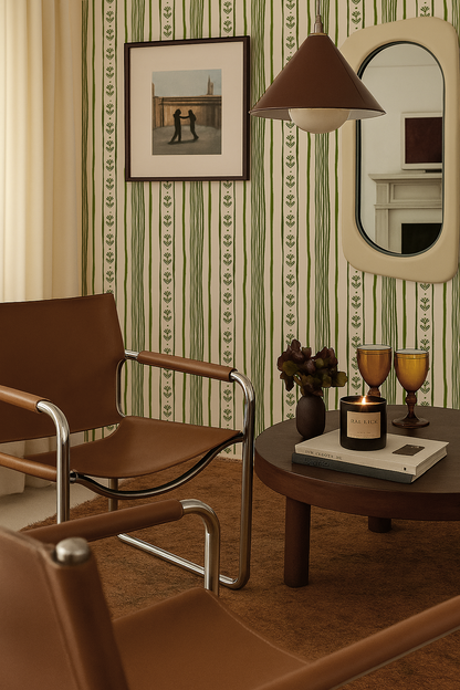 Daisy Chain Stripe Wallpaper, beige and green
