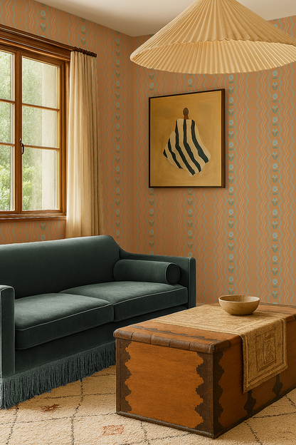 Posy Lane Stripe Wallpaper, apricot and light blue