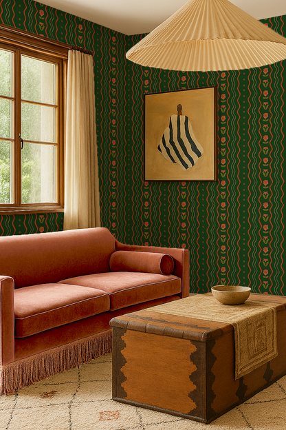 Posy Lane Stripe Wallpaper, dark green and poppy red