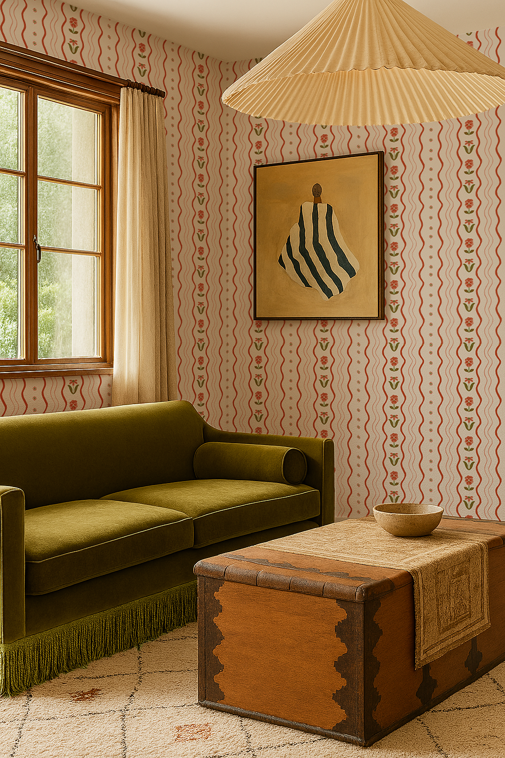Posy Lane Stripe Wallpaper, beige and poppy red