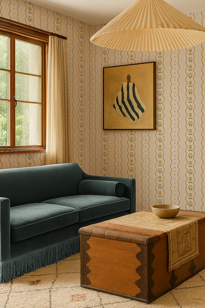 Posy Lane Stripe Wallpaper, beige and yellow