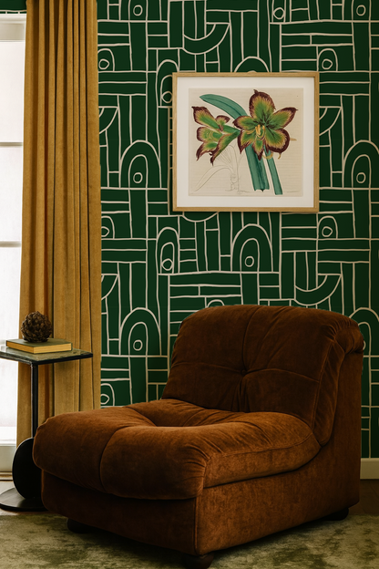 Deco Tile Wallpaper, green & white