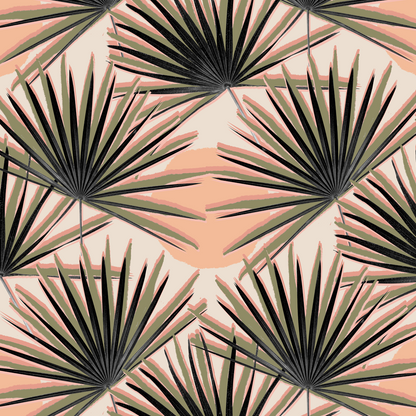 Palm Deco Wallpaper - Coral & Olive Green