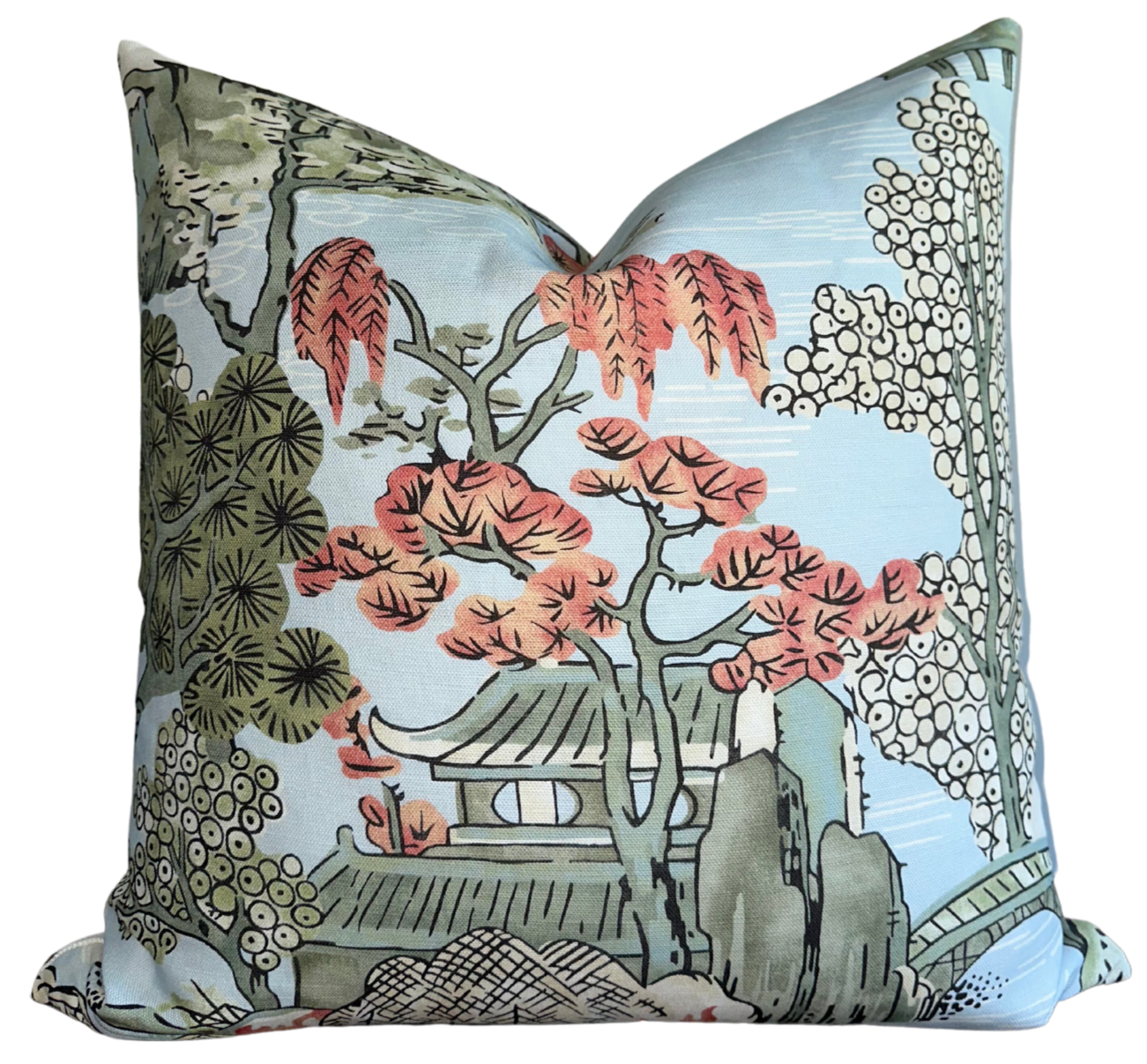 Asian Scenic Pillow in Robins Egg