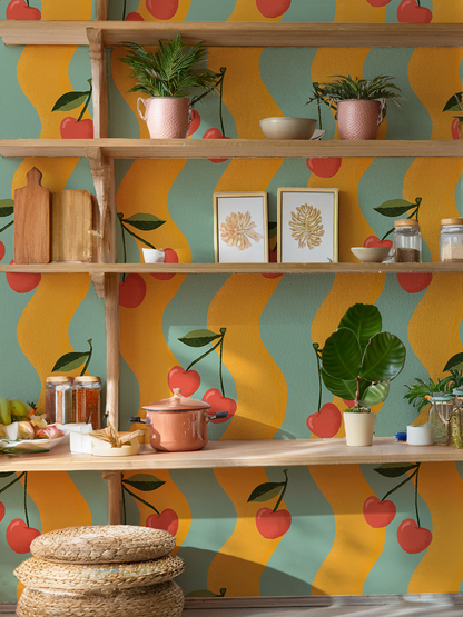Wavy Cherry Wallpaper, yellow and teal