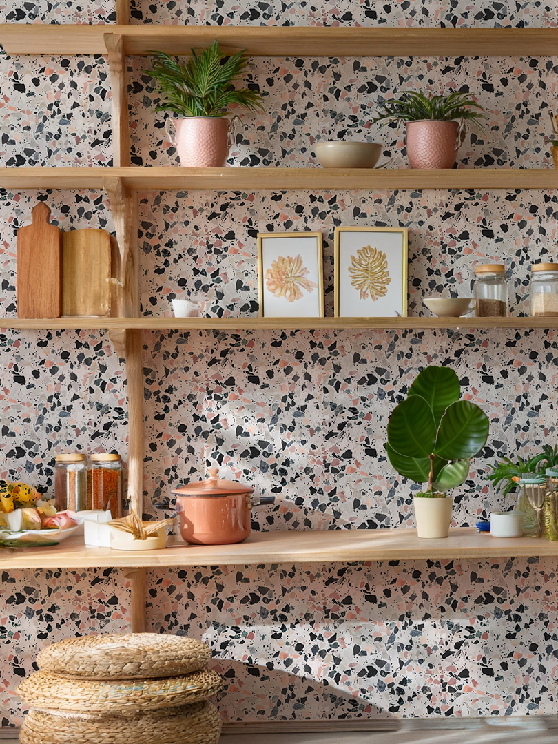 Mojave Terrazzo Wallpaper, mauve and gray