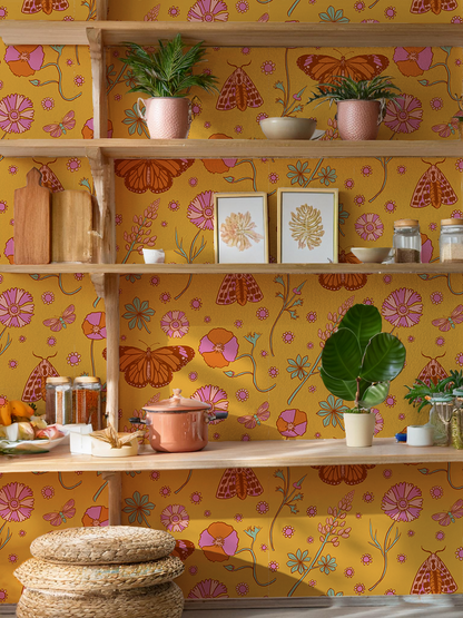 Poppy Please Wallpaper, mustard and pink