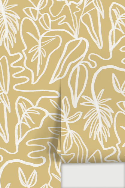 Inked Foliage Wallpaper - Butter Yellow & White