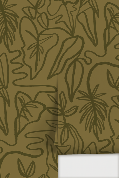 Inked Foliage Wallpaper, olive green