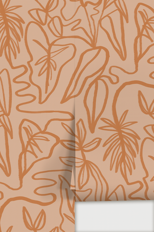 Inked Foliage Wallpaper, peach & orange