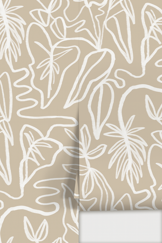 Inked Foliage Wallpaper, tan and white