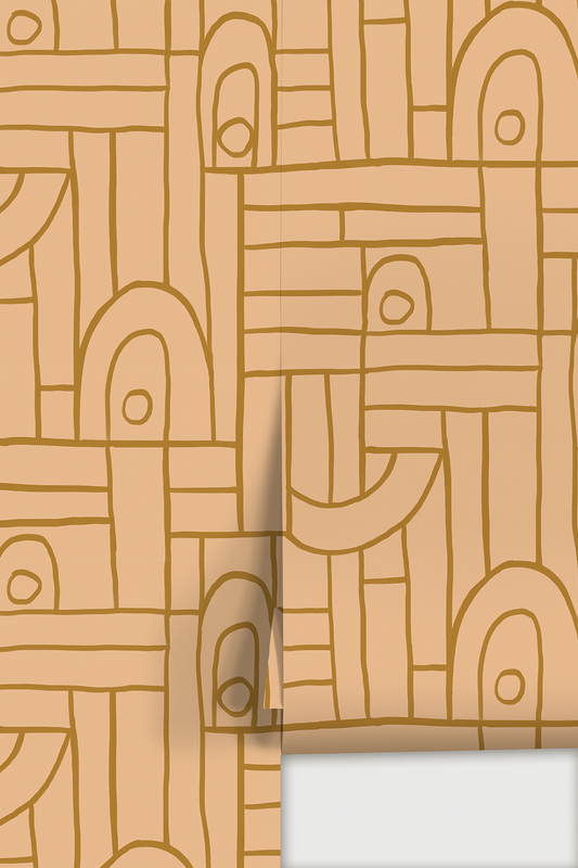 Deco Tile Wallpaper, peach and mustard