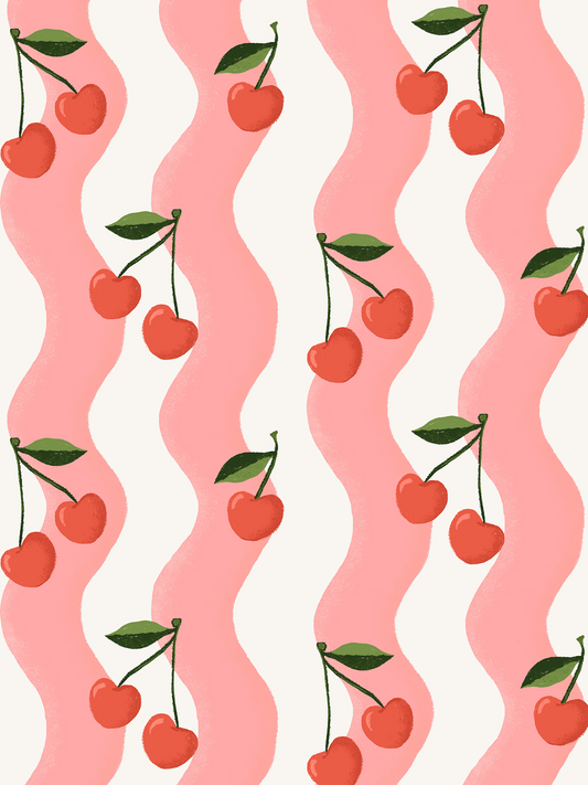 Wavy Cherry Wallpaper - White & Pink